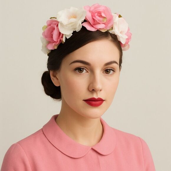 Vintage 1950s Modern Miss Pink White Floral Half Hat Headpiece Union Made USA main image 8